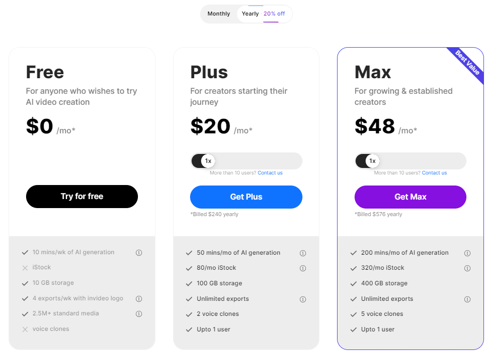 invideo AI Pricing & Plans